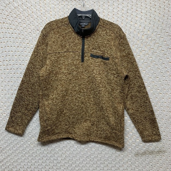 Eddie Bauer Fleece Sweater Mens Sz M Brown 1/4 Zip Mock Neck Long Sleeve - Picture 1 of 12